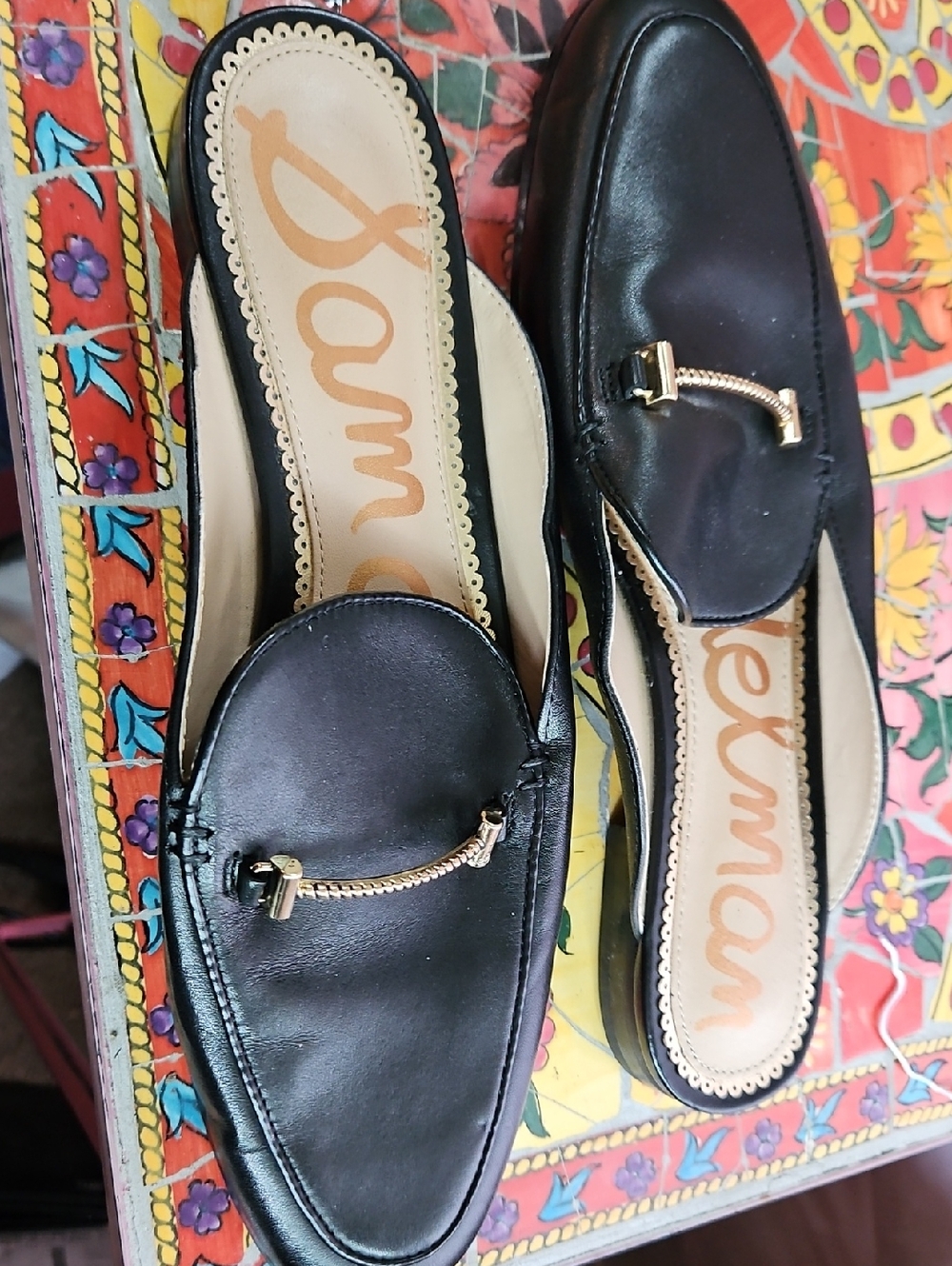 Sam Edelman Black Leather Backless Mules with Gold Hardware